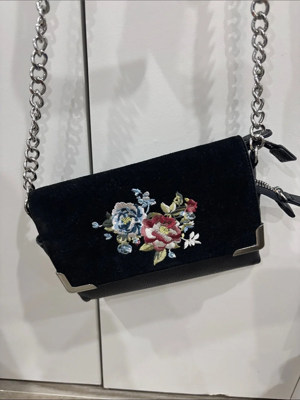 White House Black Market Black Velvet Floral Embroidered Crossbody